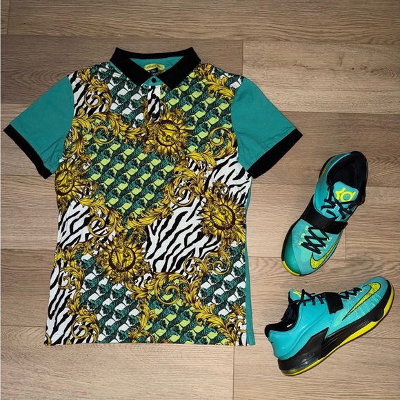 Versace Baroque Tiger Print Multicolor Slim Polo Shirt - Picture 1 of 10